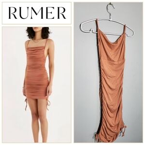 REVOLVE x RUMER Xsmall Ruched Paige Mini Dress Neutral Amber